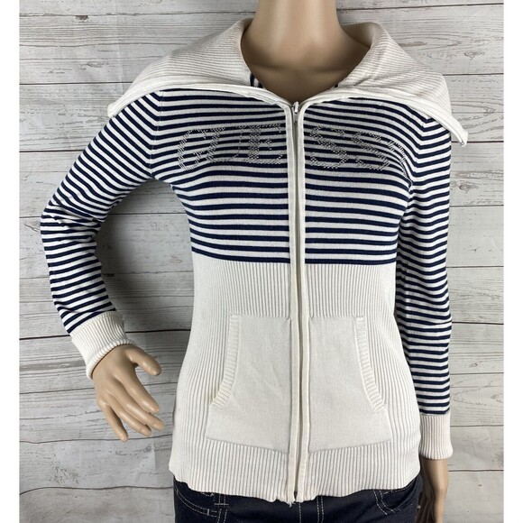 Guess Sweater Jacket Juniors Medium Black White Striped Rhinestone Logo Full Zip - Picture 1 of 12